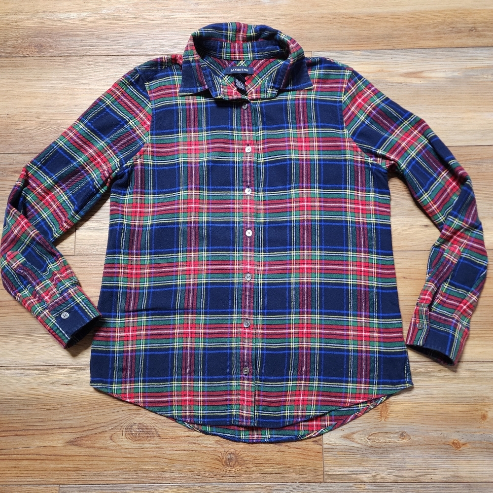 Lands End Flannel Shirt Womens XS  Navy Blue Plaid Long Sleeve